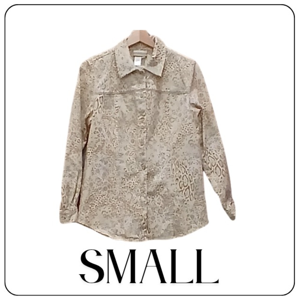 Coldwater Creek jacket WOMENS SMALL beige twill leopard floral denim button up